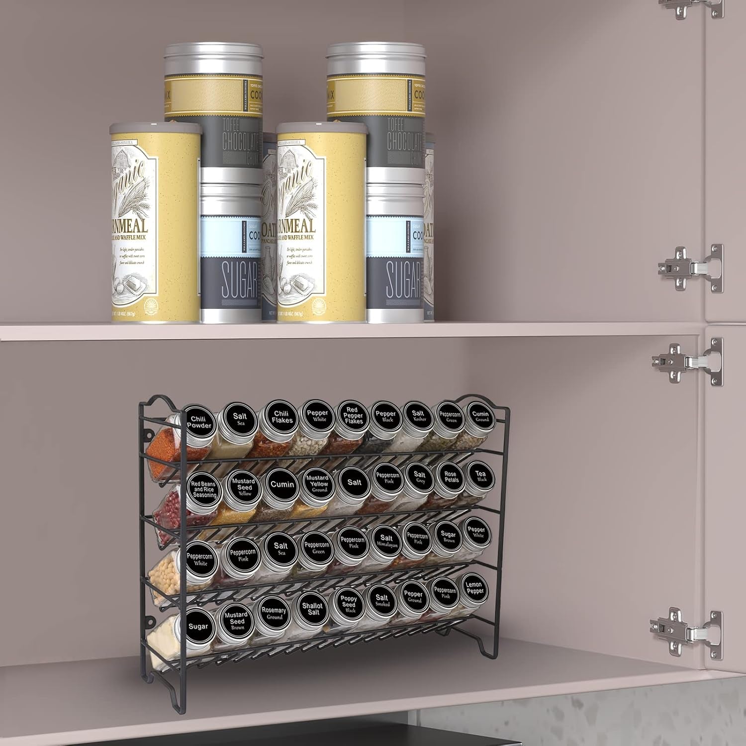 Spice Rack Organizer with 36 Empty Square Spice Jars, 396 Spice Labels with Chalk Marker and Funnel Complete Set, for Countertop, Cabinet or Wall Mount, Black