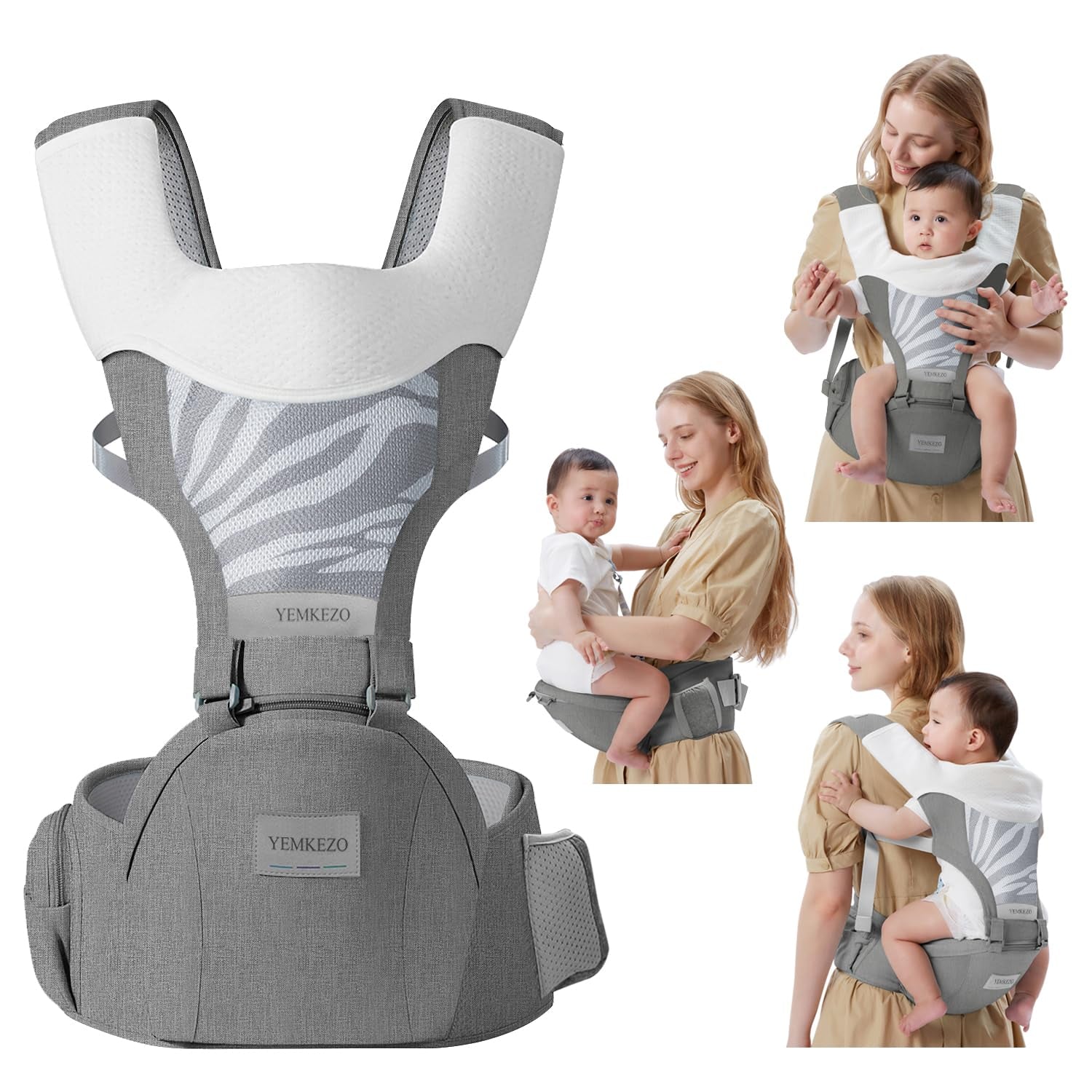 Baby Carrier Newborn to Toddler with Hip Seat, Multifunction Baby Hip, 4-In-1 Ergonomic Infant Carrier (Ergonomic M Position) Adjustable & Removable Baby Holder Carrier for 0-36 Months (Grey)