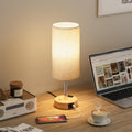 Touch Bedside Table Lamp with Memory - Stepless Dimmable Lamp for Bedroom, Small Nightstand Lamp with Dual USB Charging Ports and AC Outlet, Wood Night Light, Desk Lamp for Nursery, Living Room, Dorm