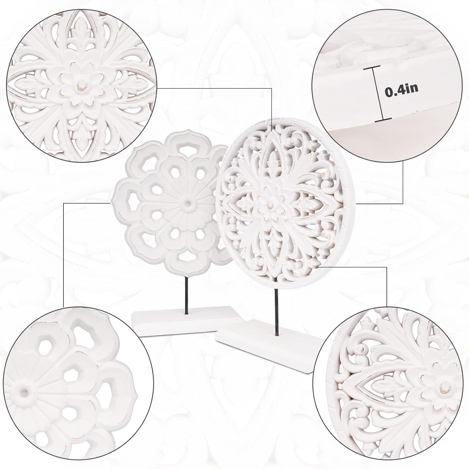 2 Pack Wooden Carved Cutout Flower Medallion Sculpture, Rustic Distressed White MDF Statues Home Tabletop Decor, Decorative Ornaments for Living Room, Bedroom, Office Desktop, Cabinets