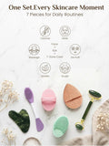 Gua Sha and Face Roller Set: Face Skin Care Tools with Facial Cleansing Brush, 2 Silicone Scrubber Pads & Face Sponge, Travel Bag, Self Care Gift