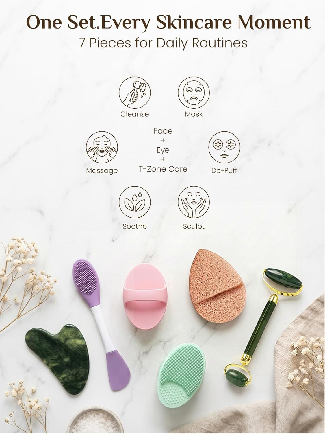 Gua Sha and Face Roller Set: Face Skin Care Tools with Facial Cleansing Brush, 2 Silicone Scrubber Pads & Face Sponge, Travel Bag, Self Care Gift