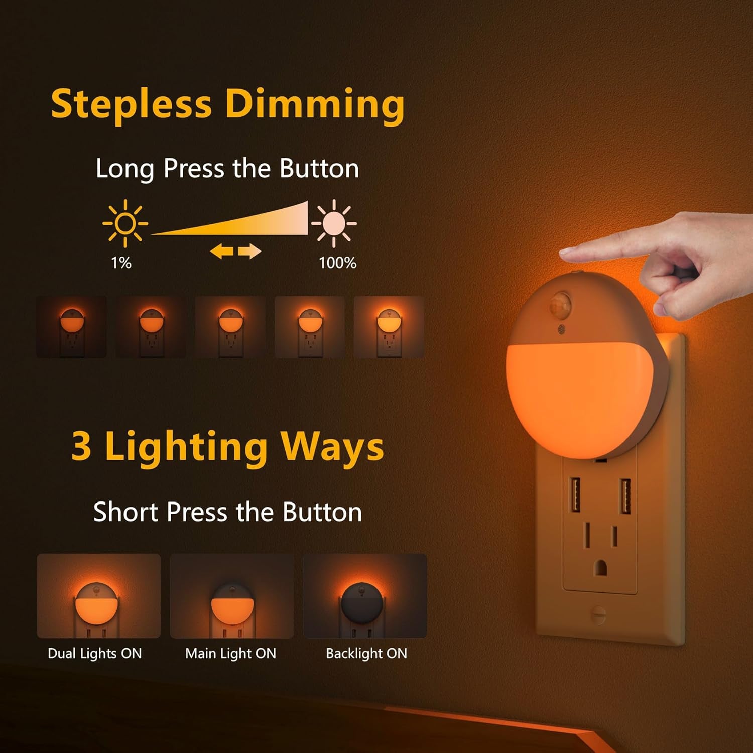 2 Pack Plug in Sleep Night Light with Motion Sensor and Dusk to Dawn Sensor, 3 Modes, Soft Glow, Stepless Dimming, LED Lights for Bedroom, Sleep, Baby Nursery, Kids, Toddler, Home Decor (Amber)