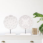 2 Pack Wooden Carved Cutout Flower Medallion Sculpture, Rustic Distressed White MDF Statues Home Tabletop Decor, Decorative Ornaments for Living Room, Bedroom, Office Desktop, Cabinets