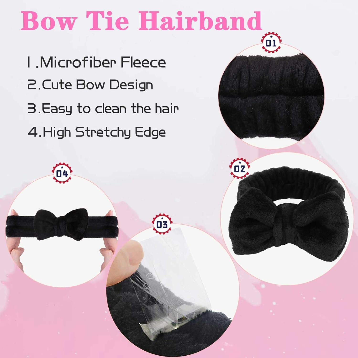 Makeup Headbands, 1Pcs Black Spa Headband Fluffy Bow Tie Headband Microfiber Face, and 2Pcs Wrist Spa Wash Band Absorbent Wristbands, for Washing Face Skin Care