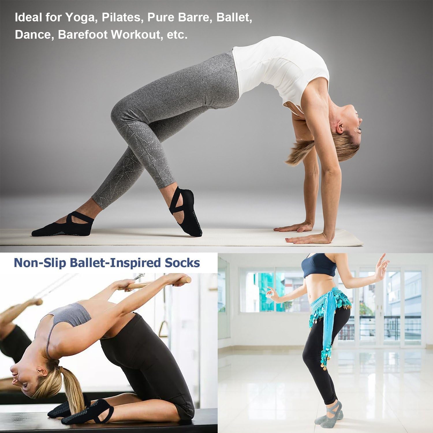 Pilates Socks for Women Non Slip Grip, Yoga Socks with Grippers for Barre, Hospital, Ballet, Dance, Barefoot Workout