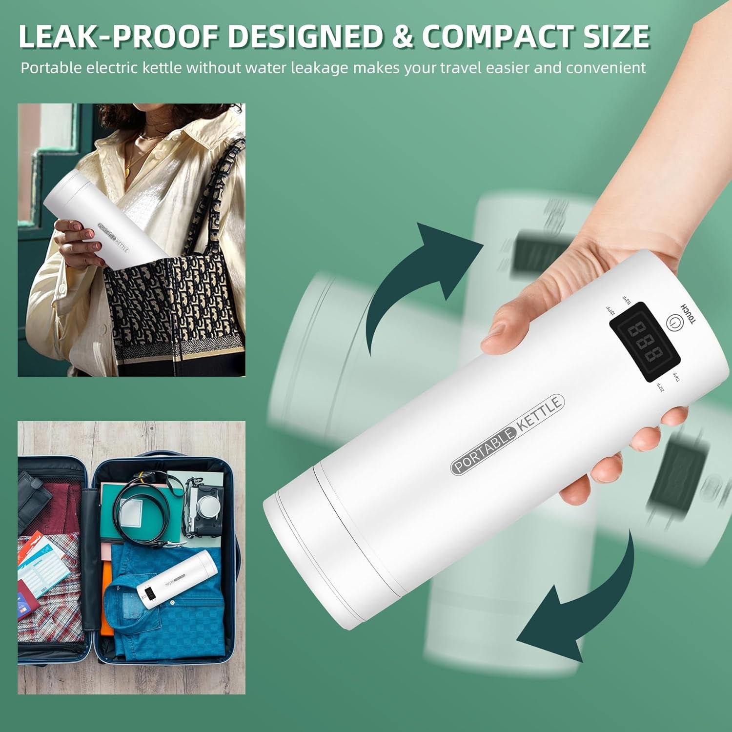 Travel Electric Kettle Portable Small Mini Tea Coffee Kettle Water Boiler, Water Heater with 4 Temperature Control,304 Stainless Steel with Auto Shut-Off & Boil Dry Protection, Bpa-Free (White)