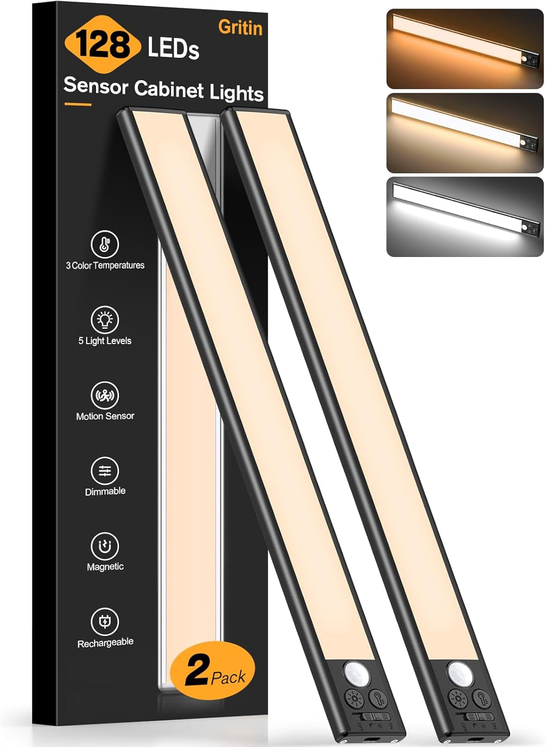 14.7Inch under Cabinet Lighting Rechargeable 2 Pack- 3 Color Temps&5 Level Brightness, Super Bright, 4 Modes, Motion Sensor, Long Lasting - Easy Installation Magnetic under Closet Lights-Black
