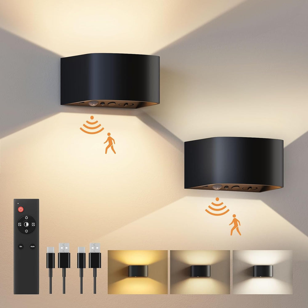 Motion Sensor Wall Light with Remote Control 3 Colors Wireless Wall Lamp LED Indoor up and down Wall Sconce 5000Mah Rechargeable Battery Powered Wall Lamps Brightness Adjustable, 2 Pack