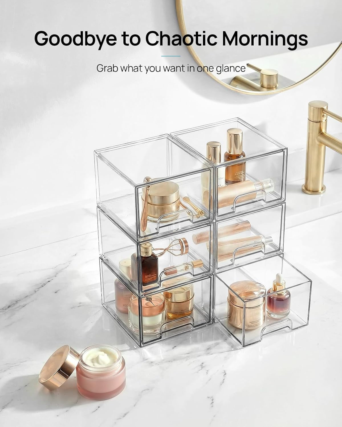 4 Pack Small Clear Stackable Storage Drawers,Acrylic Bathroom Makeup Organizer,Plastic Storage Bins for Vanity, Undersink, Kitchen Cabinets, Pantry, Home Organization