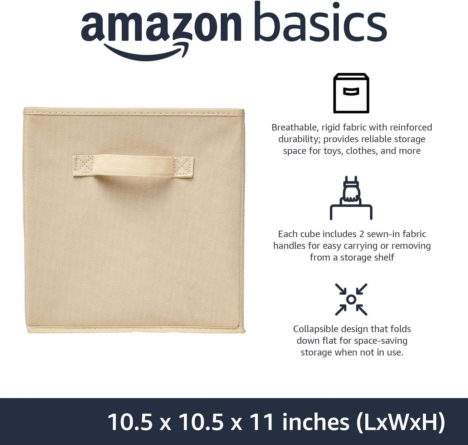 Collapsible Fabric Storage Cubes Organizer with Handles, Sturdy Storage Bins for Organization, 10.5" X 10.5" X 11", Beige, 6-Pack