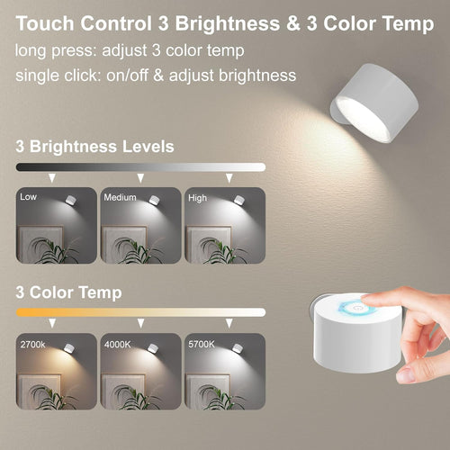 2PACK LED Wall Lamps with Rechargeable Battery Operated, Wall Mounted Lights with 3 Brightness 3 Color Temp Removable Charging 360Â°Rotate Magnetic, Cordless Wall Sconces for Reading Bedside