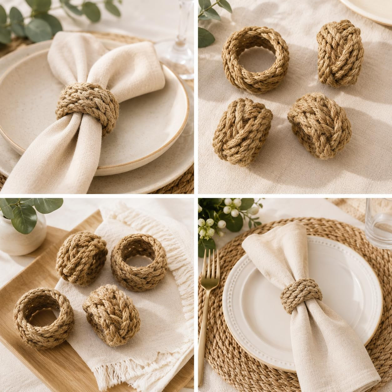 Handmade Jute Napkin Rings Set of 12 – Rustic Farmhouse Table Decor, Boho Woven Napkin Holders for Weddings, Parties & Dining Tables