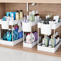 3 Pack under Sink Organizers and Storage, 2 Tier Bathroom Cabinet Organizer Shelf with Hanging Cups for Kitchen & Bathroom (White)
