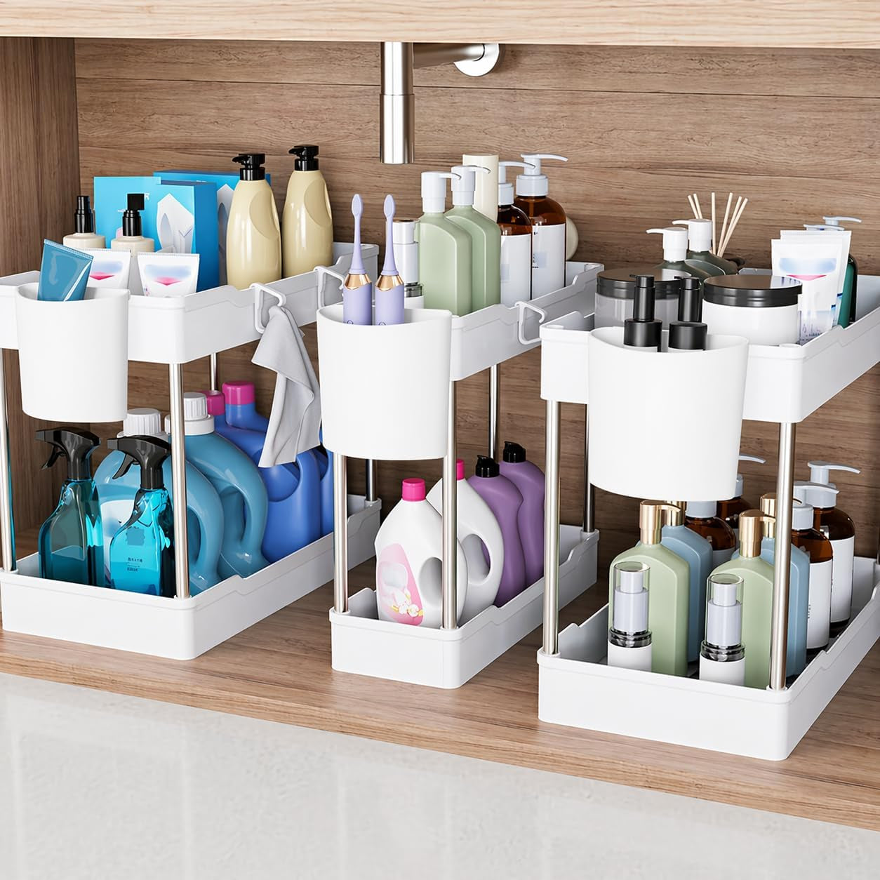 3 Pack under Sink Organizers and Storage, 2 Tier Bathroom Cabinet Organizer Shelf with Hanging Cups for Kitchen & Bathroom (White)