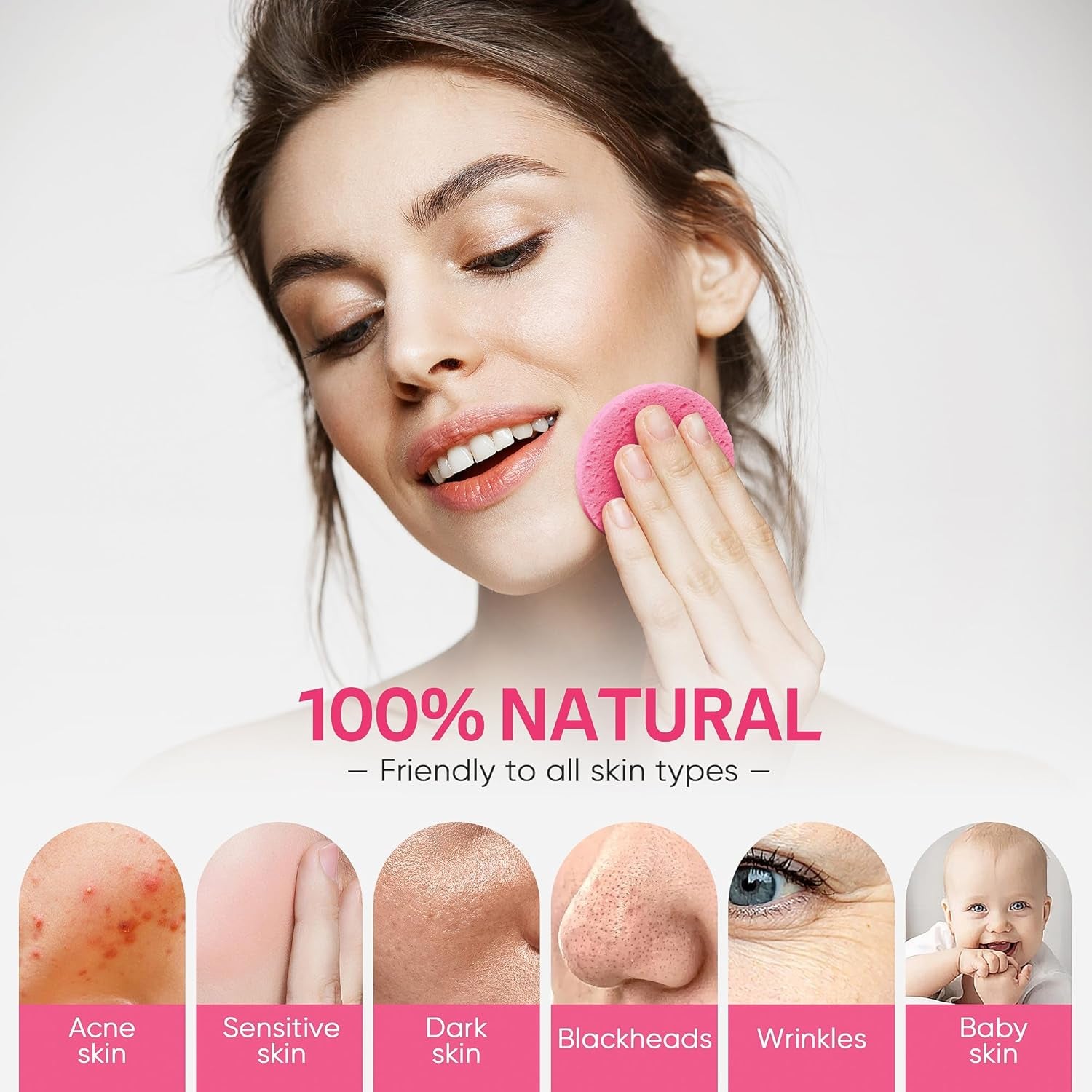 50-Count Compressed Facial Sponge for Daily Facial Cleansing and Exfoliating, 100ï¼… Natural Cosmetic Spa Sponges for Makeup Remover, Reusable, Pink