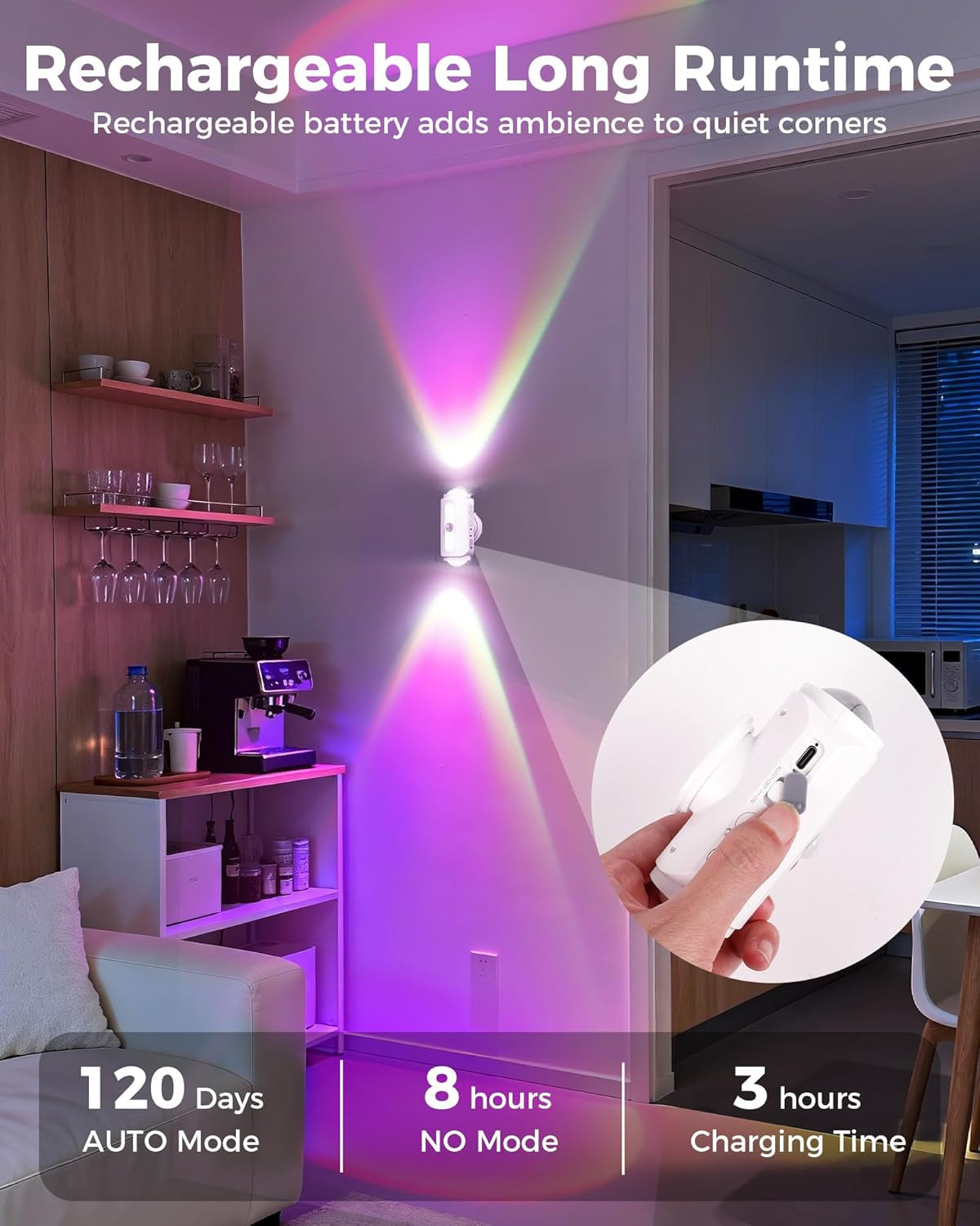 Motion Sensor Wall Light, Rechargeable Peel and Stick on Sconce Set of 2, Wireless No Drill RGB Wall Lamps, Magnetic Battery Operated Indoor Lighting for Hallway, Stairs, Bedroom, Bathroom, Bar Decor