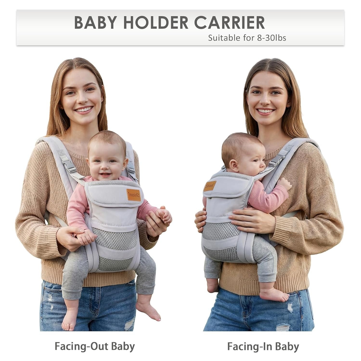 Baby Carrier Newborn to Toddler(8-30Lbs), Toddler Carrier with Adjustable Shoulder Strap, Baby Holder Carrier with Breathable Mesh Fabric, Grey