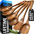 6 Piece Wooden Spoons for Cooking – Natural Teak Wooden Utensil Set, Easy to Clean, Durable, Smooth with Comfort Grip - Non Toxic Wooden Cooking Utensil Sets