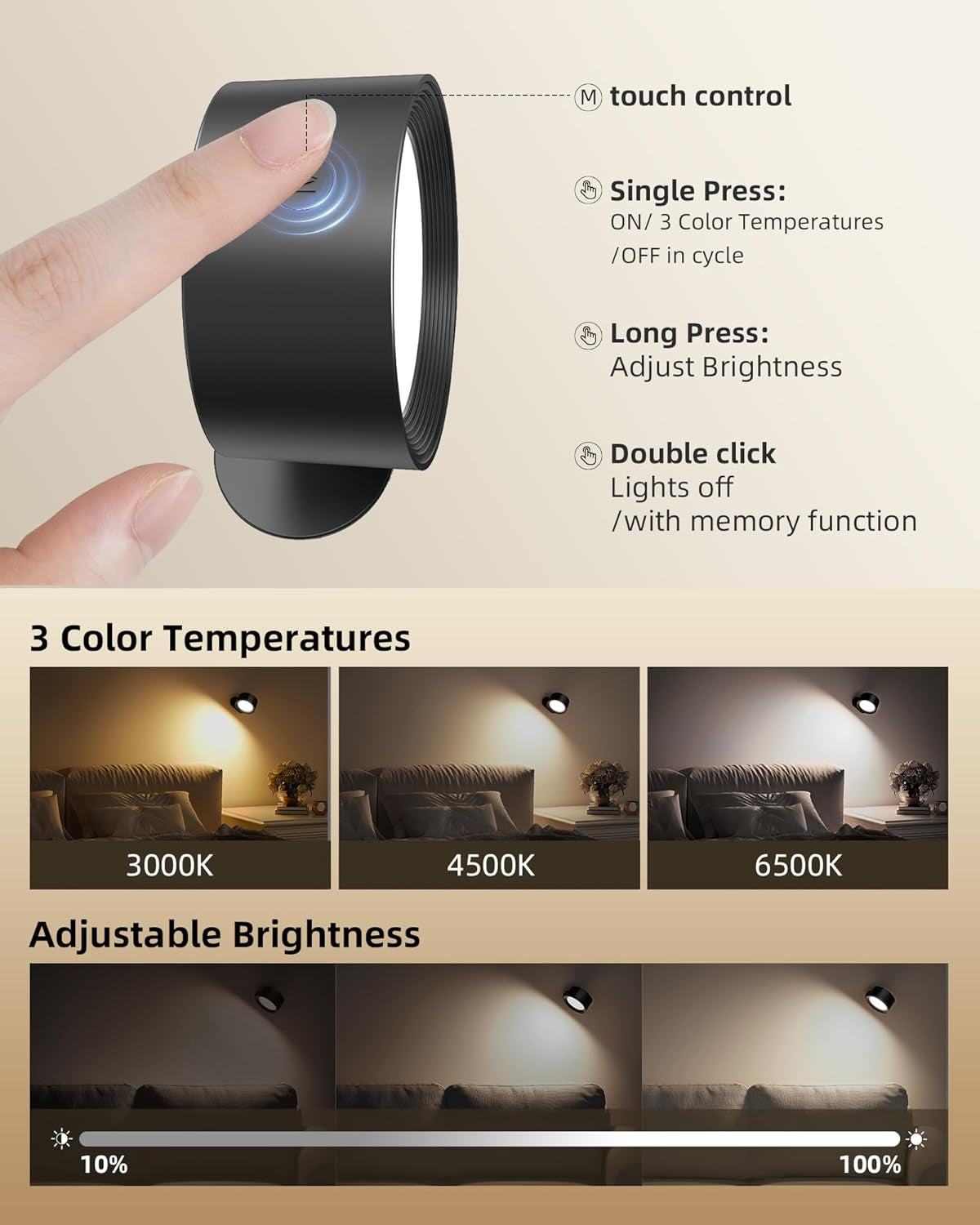 LED Wall Mounted Lights, Rechargeable Wall Sconces Lamp, 3 Color Temps & Remote and Touch, 360Â°Rotation Dimmable Cordless Wall Light for Study Bedroom Reading Bedside(Black, 2 Pack)