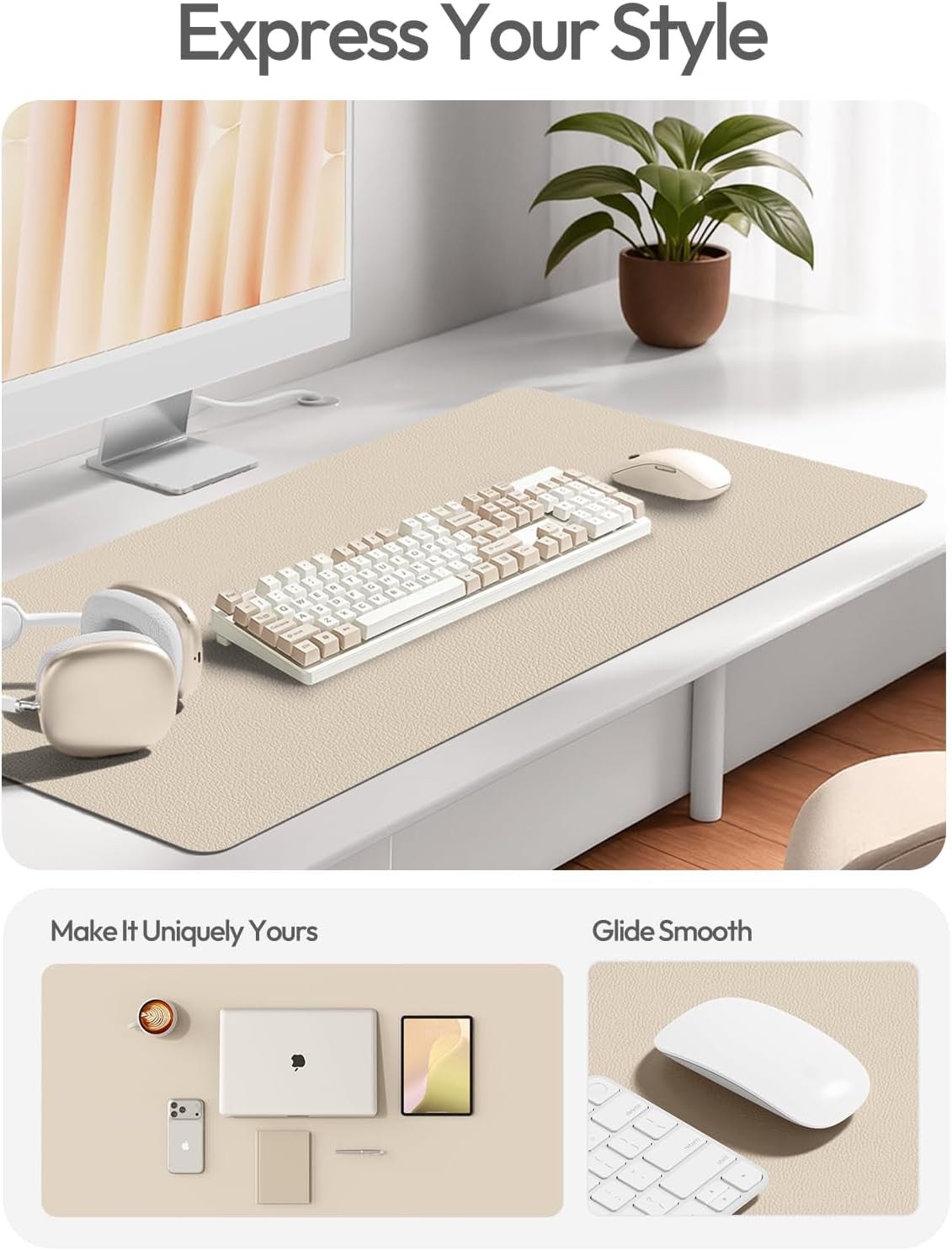 Leather Desk Pad Protector, Office Desk Mat, Large Mouse Pad, Non-Slip PU Leather Desk Blotter, Waterproof Laptop Desk Writing Pad for Office and Home (23.6" X 13.8", Eggshell)