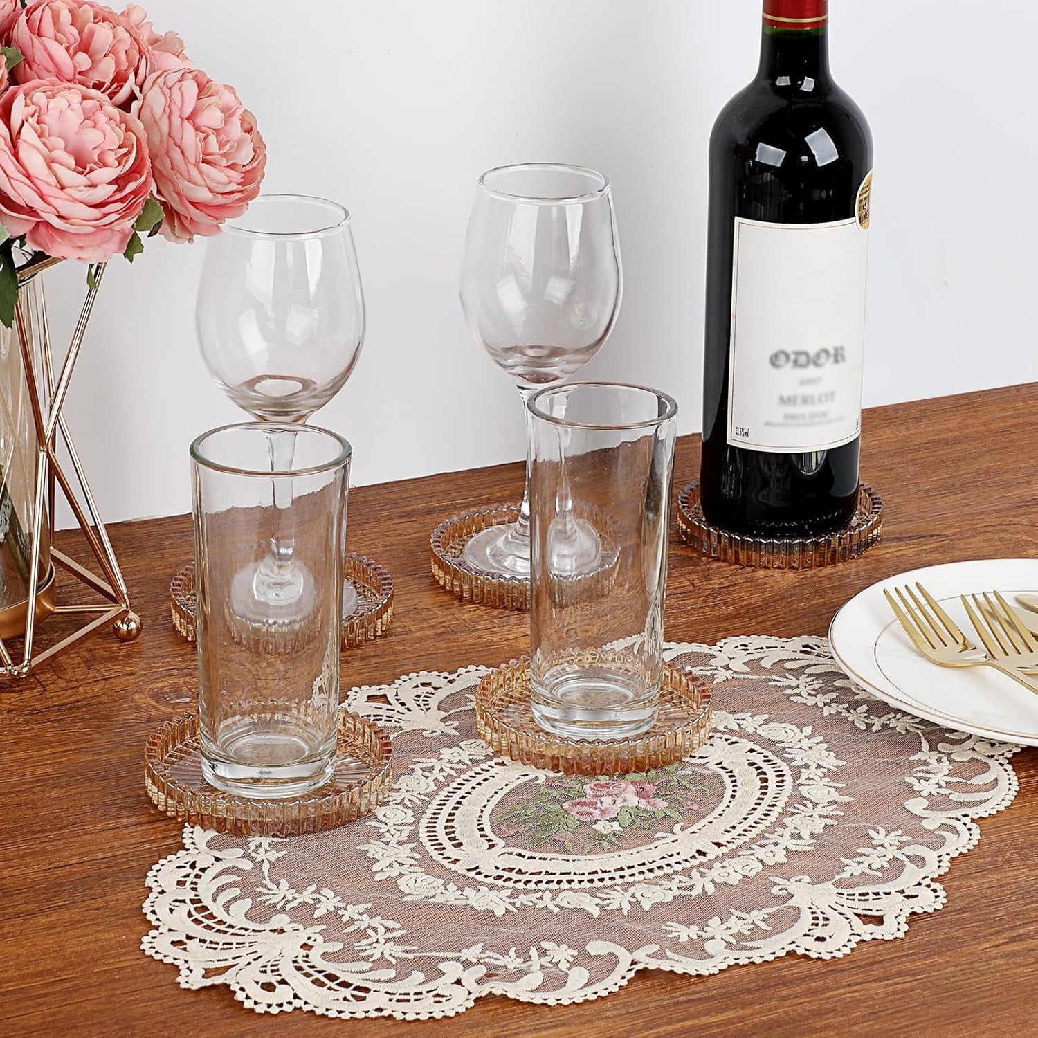 Modern Clear Coasters Set of 5- Glass Cute Coasters for Drinks Crystal Coaster round Chic Cup Mat Cute Coffee Table Coaster for Kitchen, Bar, Dining Room, Living Room, Patio(Amber)