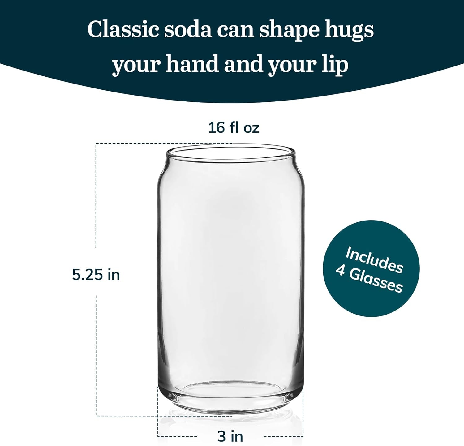 Classic Can Shaped Drinking Glasses Set of 4, Clear Kitchen Glass Tumbler, 16 Oz, Dishwasher Safe Glass Beer Cups for Beverages and Cocktails