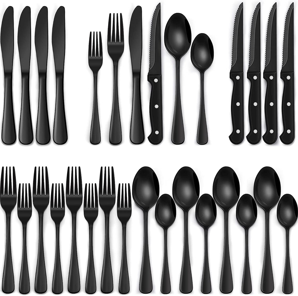 24-Piece Black Silverware Set with Steak Knives, Black Flatware Set for 4, Food-Grade Stainless Steel Tableware Cutlery Set, Mirror Finished Utensil Sets for Home Restaurant, round Edge