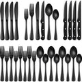 24-Piece Black Silverware Set with Steak Knives, Black Flatware Set for 4, Food-Grade Stainless Steel Tableware Cutlery Set, Mirror Finished Utensil Sets for Home Restaurant, round Edge