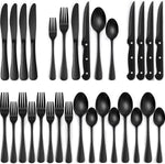 24-Piece Black Silverware Set with Steak Knives, Black Flatware Set for 4, Food-Grade Stainless Steel Tableware Cutlery Set, Mirror Finished Utensil Sets for Home Restaurant, round Edge