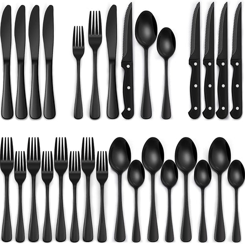 24-Piece Black Silverware Set with Steak Knives, Black Flatware Set for 4, Food-Grade Stainless Steel Tableware Cutlery Set, Mirror Finished Utensil Sets for Home Restaurant, round Edge