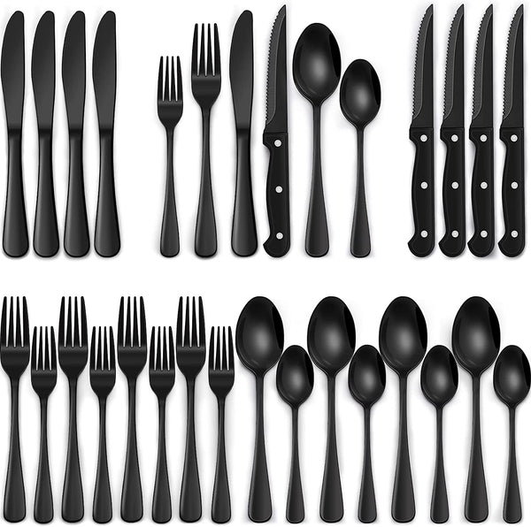 24-Piece Black Silverware Set with Steak Knives, Black Flatware Set for 4, Food-Grade Stainless Steel Tableware Cutlery Set, Mirror Finished Utensil Sets for Home Restaurant, round Edge