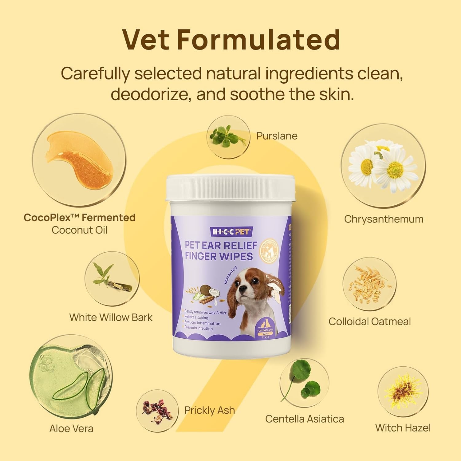 Ear Cleaner Wipes for Dogs & Cats, Vet-Recommended Dog Ear Infection Treatment to Relief Itching & Inflammation, Remove Wax, Dirt & Stop Smelly, Cleaning Deodorizing Wipes 50Ct(Unscented)