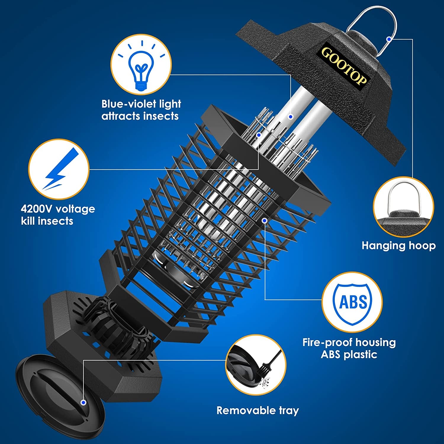 Bug Zapper Outdoor, Mosquito Zapper, 3 Prong Plug in Electric Fly Zapper, Mosquito Killer, Fly Traps, Flying Insects Zapper Indoor Outdoor, 4200V, ABS Plastic Outer (Black)