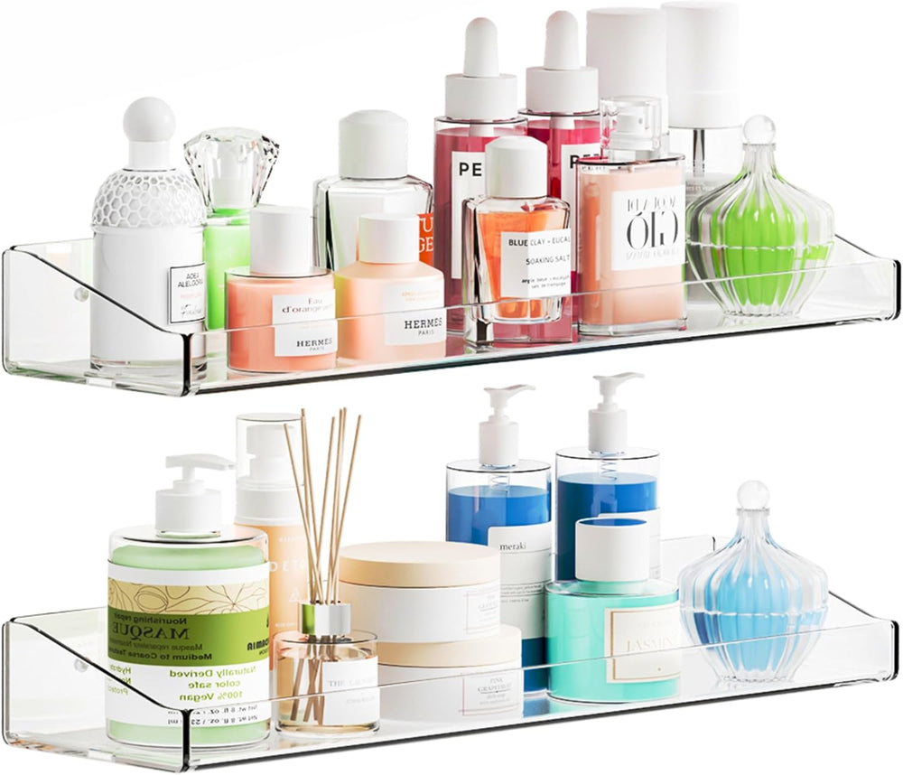 2 Pack Clear Shower Shelves for Tile Walls,Adhesive Acrylic Bathroom Shelves Organizer and Storage,No Drill Acrylic Shower Wall Caddy & Shelf,Floating Shelves for Makeup,Perfume,Shampoo Holder