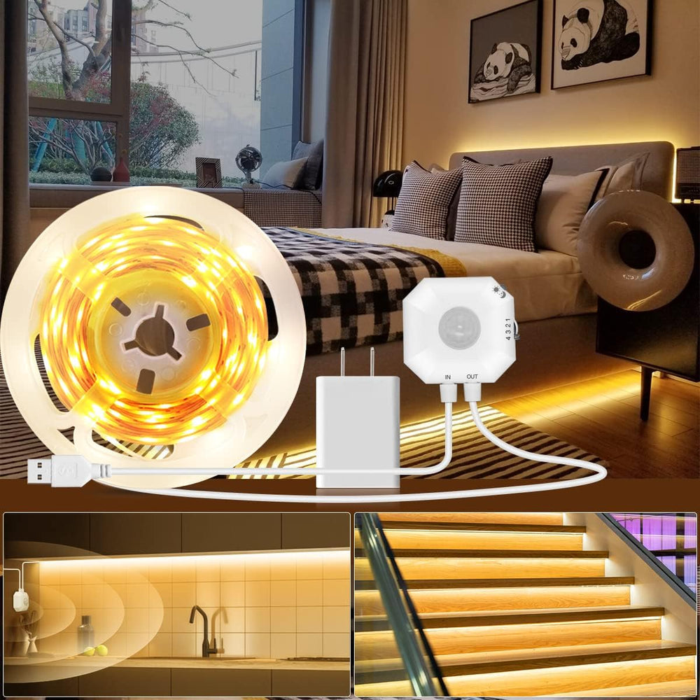 Motion Sensor LED Strip Lights, 9.8Ft under Bed Lights Motion Activated LED Bedside Lamp Illumination with Automatic Shut off Timer Indoor Night Light Closet Lights (Warm White) NO APP