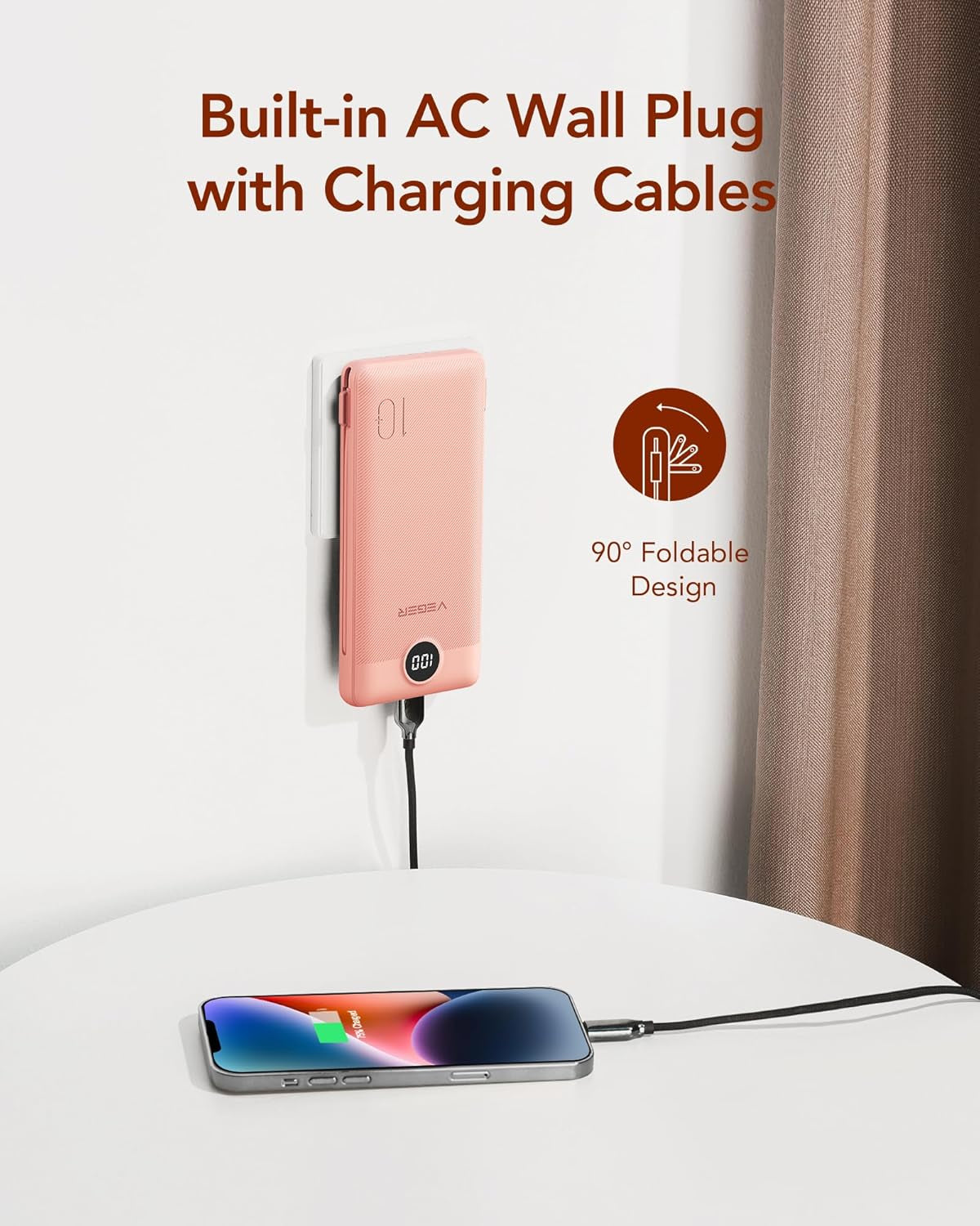 Portable Charger with Built-In AC Plug and Cables, All in One 10000Mah Ultra Slim Power Bank Travel Essentials, Fast Charging Battery Pack Compatible with Iphone, Samsung, More(Dark Pink)