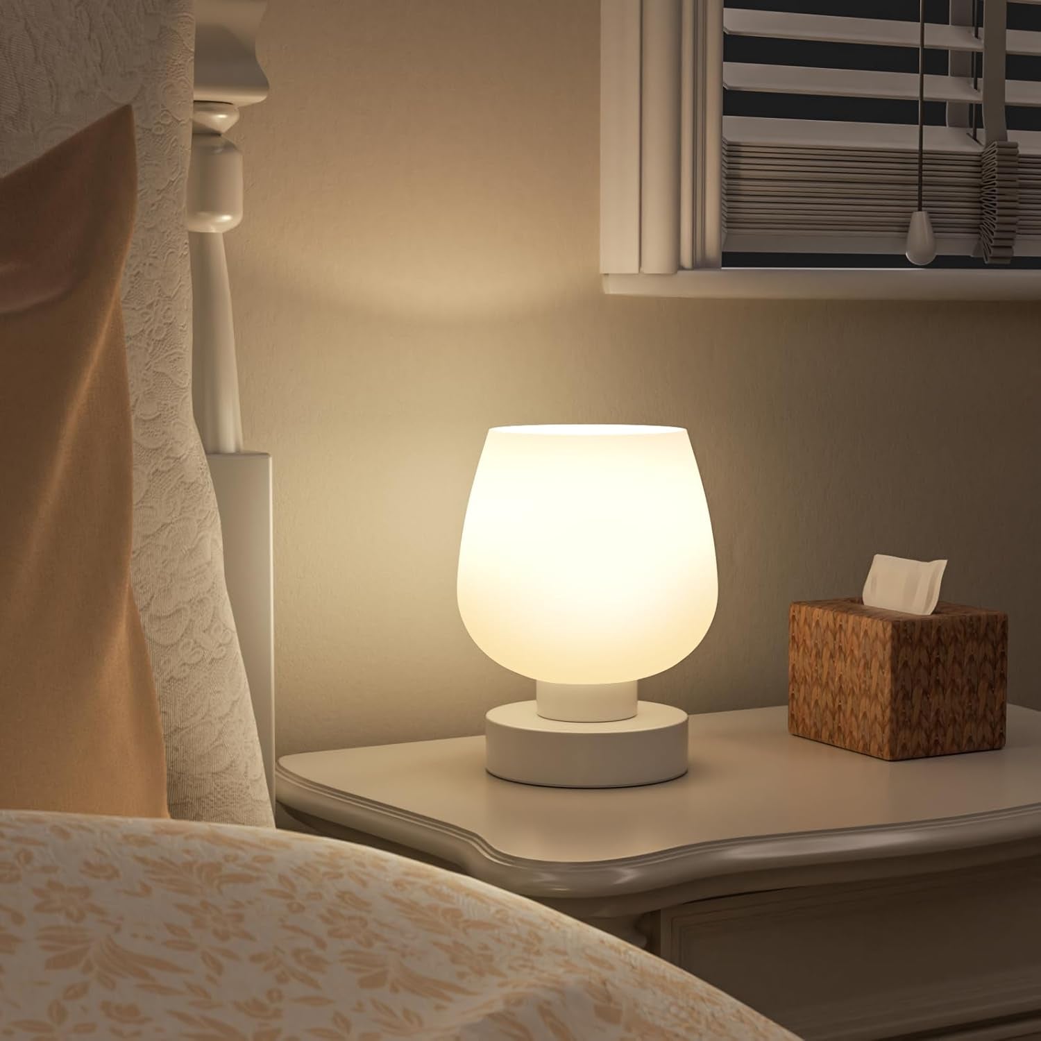 Touch Table Lamp for Nightstand - Small Bedside Lamp for Bedroom Living Room Night Stands, Desk Lamp with White Glass Shade for Small Spaces, 3 Way Dimmable, LED Bulbs, Gifts