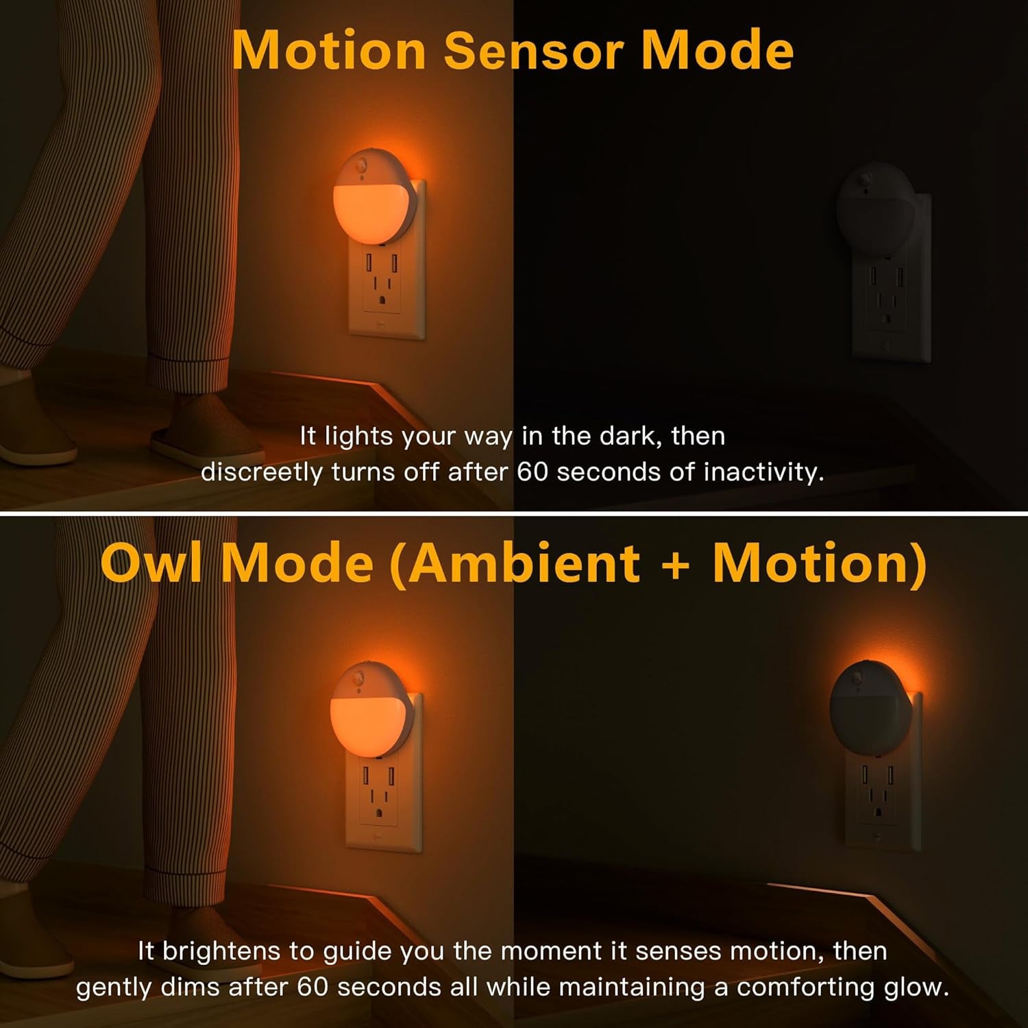 2 Pack Plug in Sleep Night Light with Motion Sensor and Dusk to Dawn Sensor, 3 Modes, Soft Glow, Stepless Dimming, LED Lights for Bedroom, Sleep, Baby Nursery, Kids, Toddler, Home Decor (Amber)