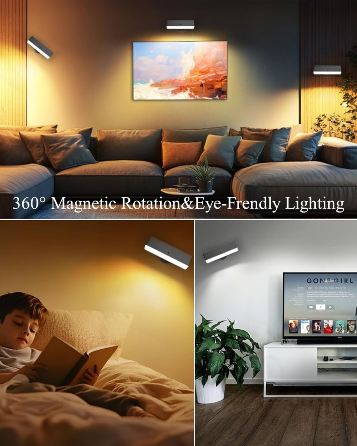 Rechargeable Battery Operated Wall Sconce Set of 2: Wireless Black Wall Lights Battery Powered Magnetic 360Â° Rotation Cordless Scone Adhesive LED Wall Mount Lamp for Bedroom Reading Picture RV