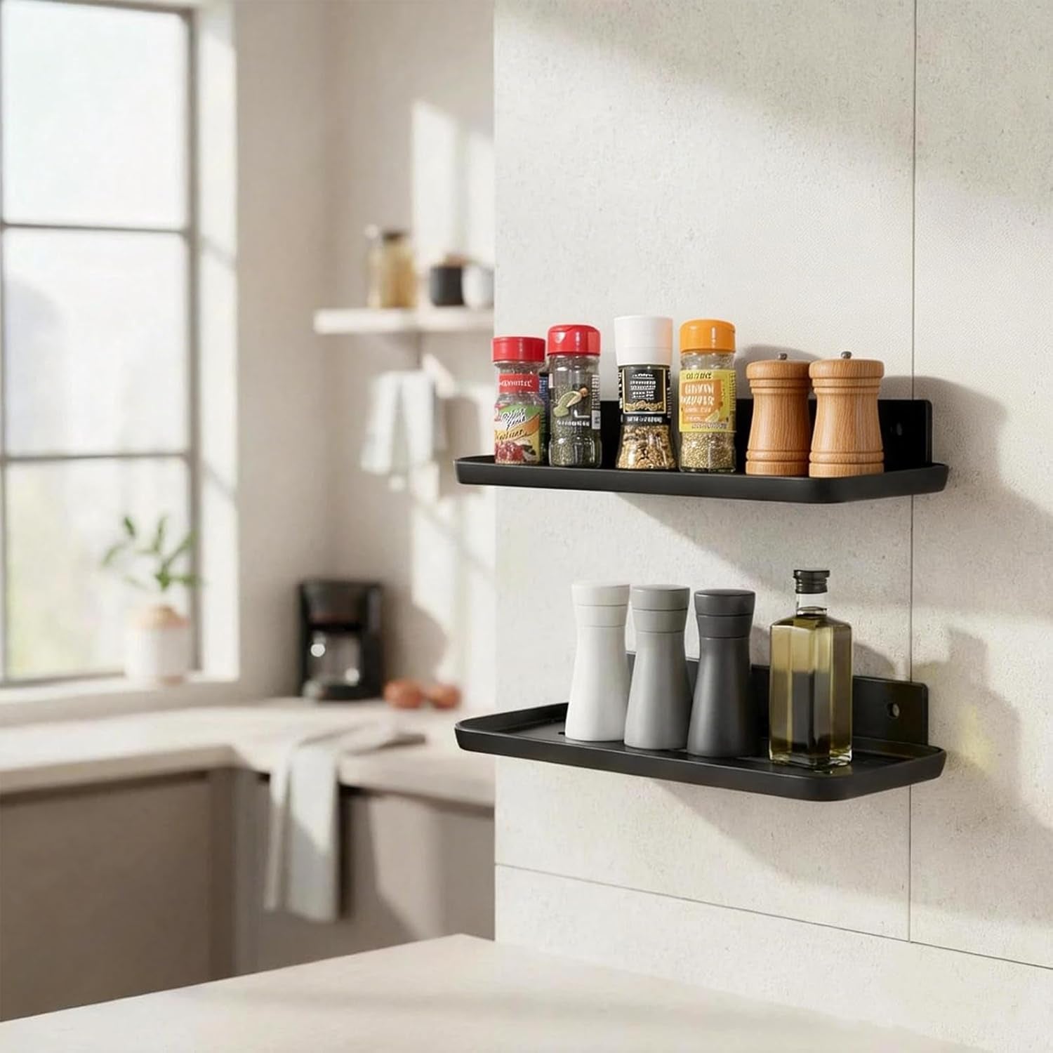 Adhesive Floating Shelves No Drill Floating Shelf for Wall Storage Damage-Free Wall Mounted Organizer for Bathroom, Kitchen, Bedroom & Office (Black, 2 PCS)