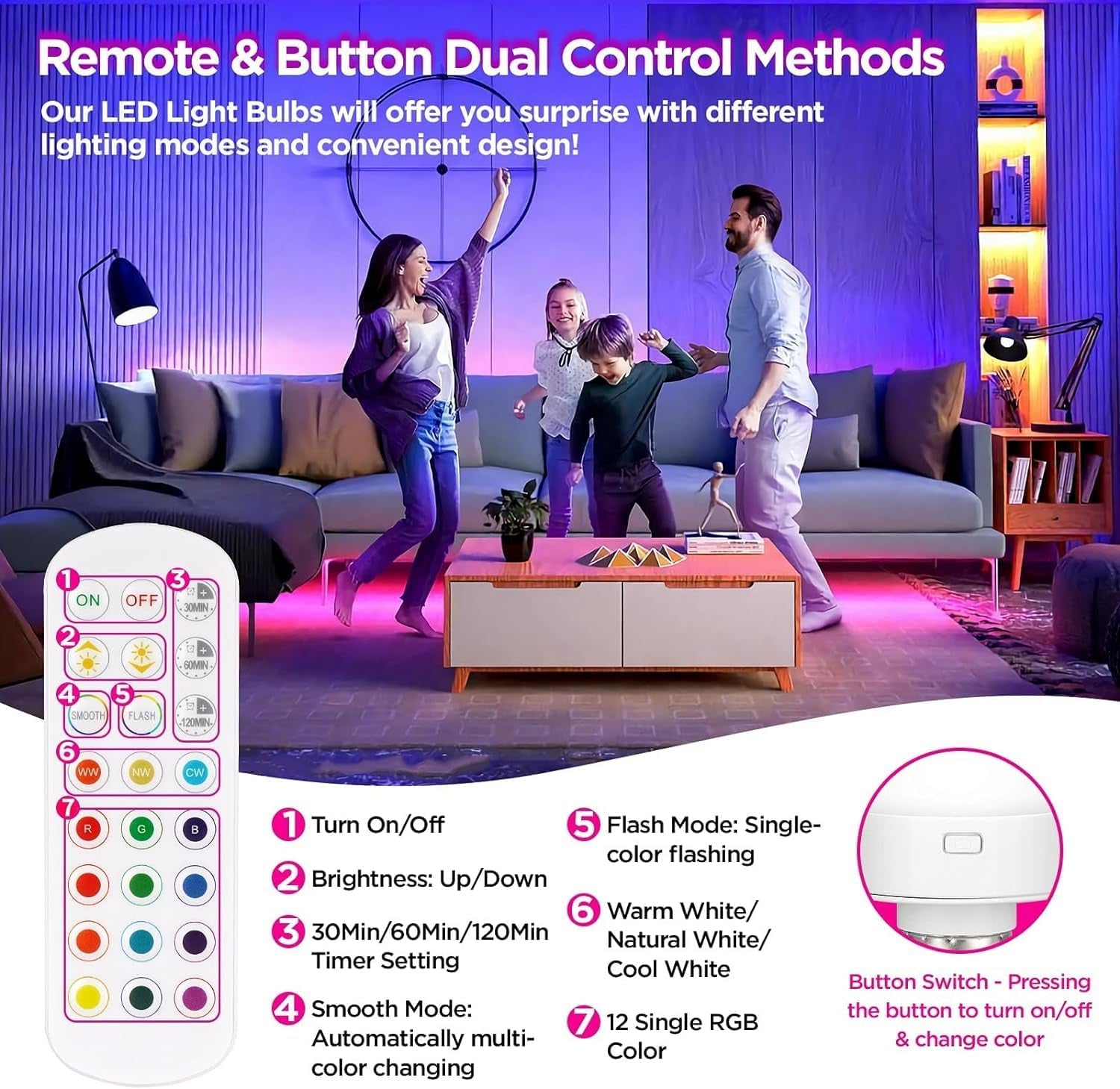 Rechargeable Battery Operated Light Bulb with Remote & Timer, Dimmable Backup Magnetic LED Bulb with 15 Colors, Wireless Puck Light Bulb for Wall Sconce Lamps, Non-Hardwired, 2-Pack