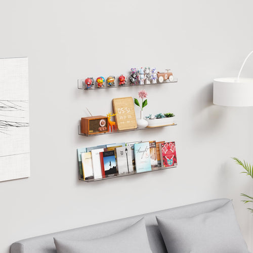 4 Pack Acrylic Shelves for Wall Storage,No Drilling Adhesive Shelves,Clear Stick on Bathroom Wall Shelf Organizers,Plastic Floating Shelves for Perfume,Funko,Lego,Skincare,Bookshelf for Kids