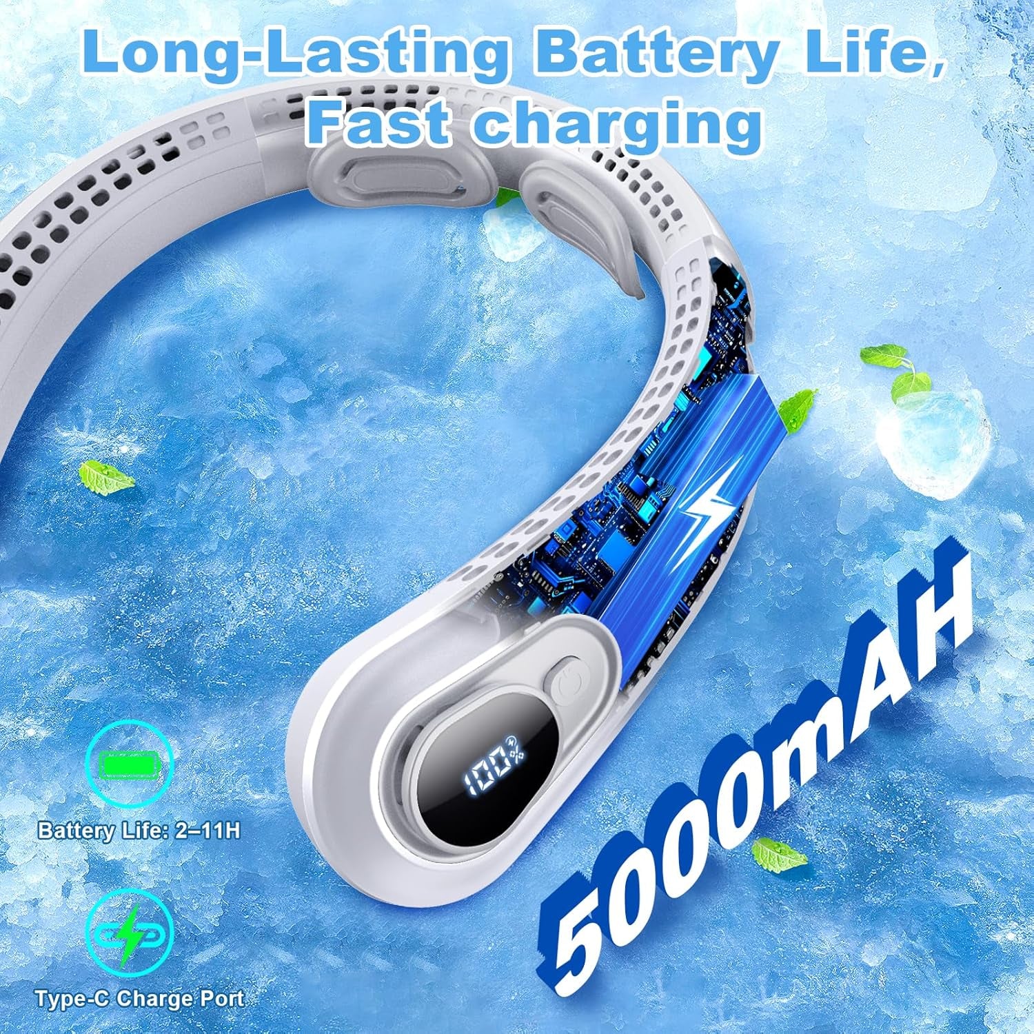Portable Neck Fan Rechargeable - [With LED Display] 5 Speeds, 5000 Mah Battery Operated Wearable Personal Cooling Bladeless Fan for Outdoor Travel, Gifts for Men Women Kids,Gray