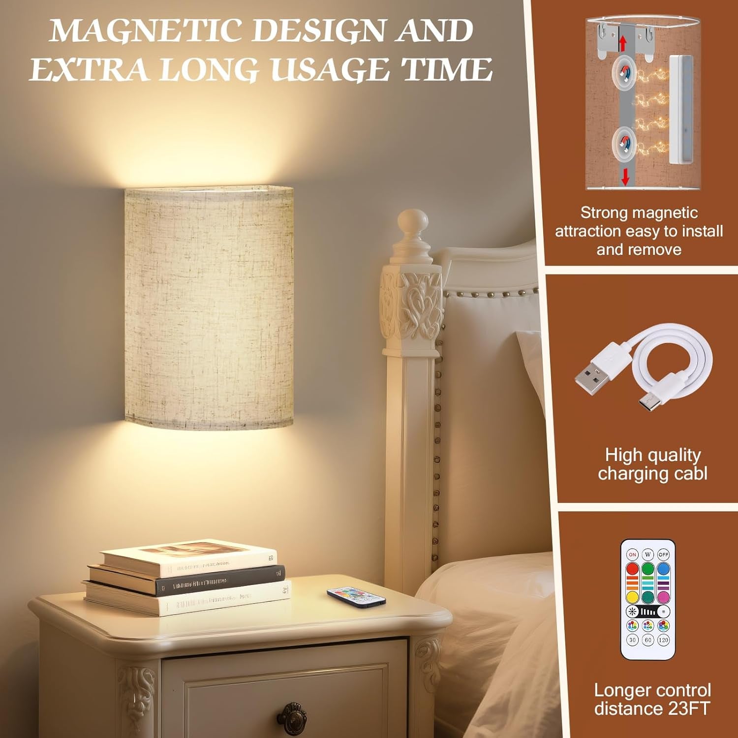Battery Operated Wall Sconce: Wireless Wall Sconces Set of Two Magnetic Lamp Rechargeable Lights Dimmable with 16 RGB Colors Fabric Linen Shade with Remote Walls Decor for Bedroom Living Room
