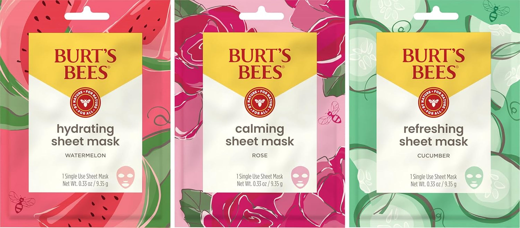 Mothers Day Gifts, Face Mask Bundle Set, Hydrating Watermelon, Calming Rose, & Refreshing Cucumber, Face Sheet Masks for Single Use Skin Care, 99% Natural Origin, 3 Count, 0.33Oz Each