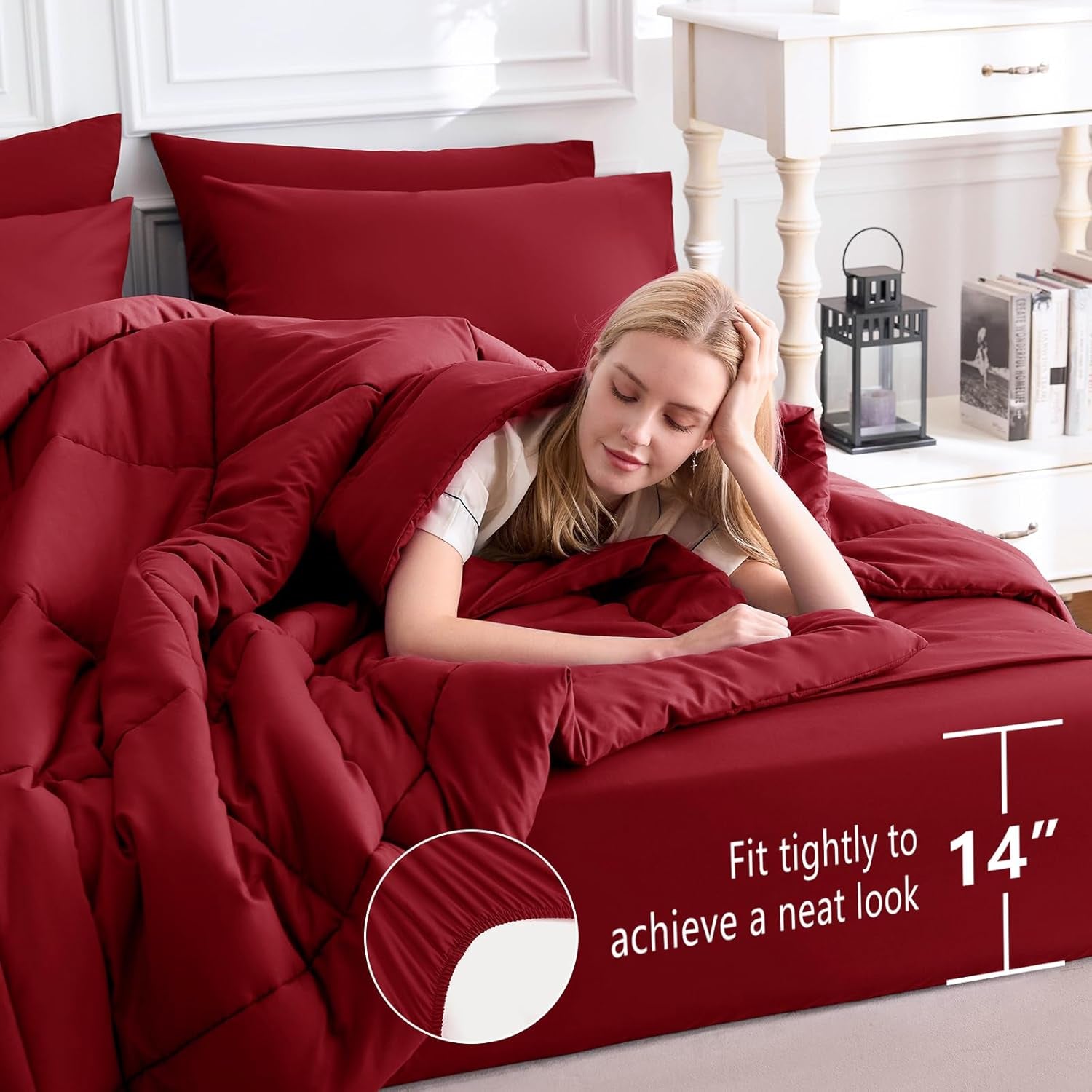 Full Size Comforter Sets Dark Red, 7 Pieces Bed in a Bag, Red Comforter Full Size, All Season Bedding Sets with Stitch Quilted Comforter, Flat Sheet, Fitted Sheet, Pillowcases
