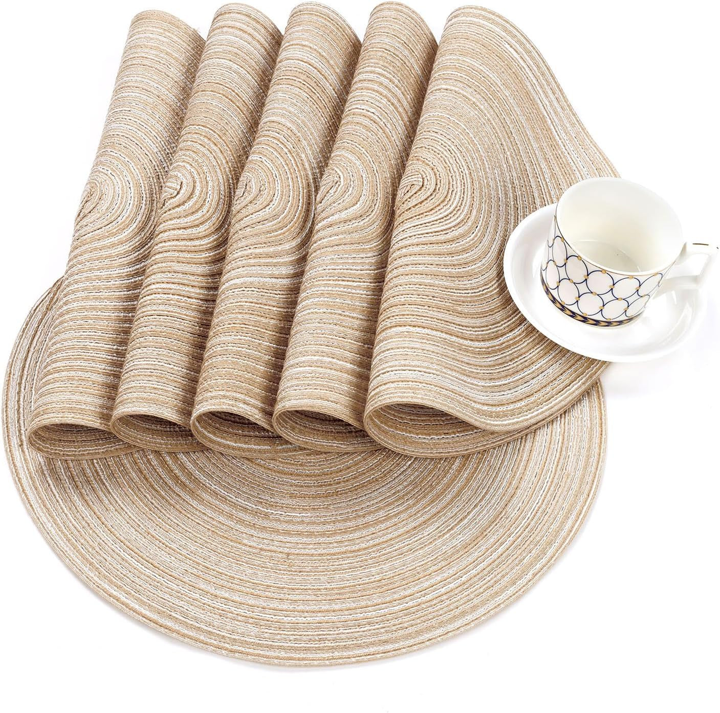 15 Inch round Placemats Set of 6, Cotton Polyester Woven Braided Place Mats, Washable Heat Resistant Circle Table Mats Dining Table Decor (Beige, 6)