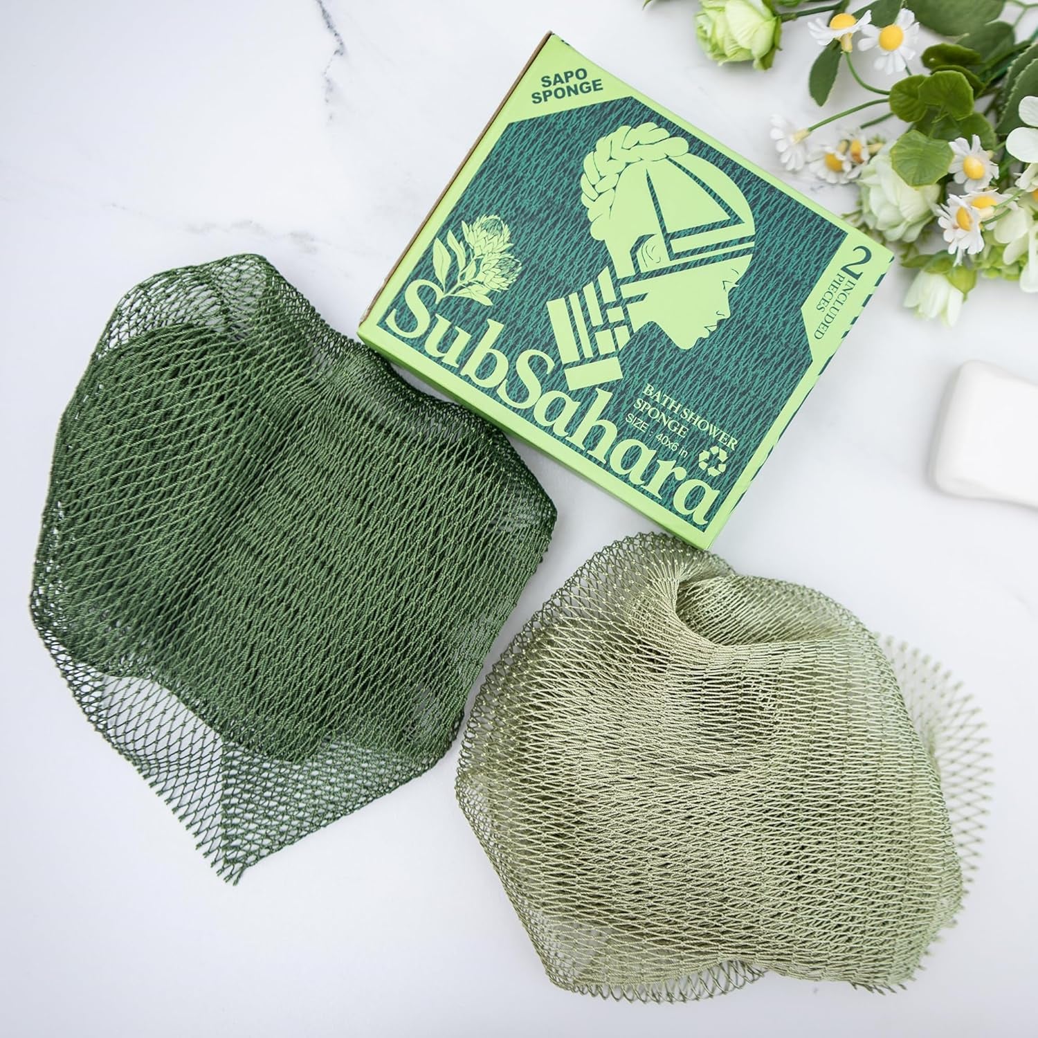 Authentic African Net Sponge - 2 Pack Exfoliating Bath & Shower Loofah Sponge for Body & Face, Gentle Scrubber for All Skin Types, Travel, Durable Polyester (Olive Green & Light Green)