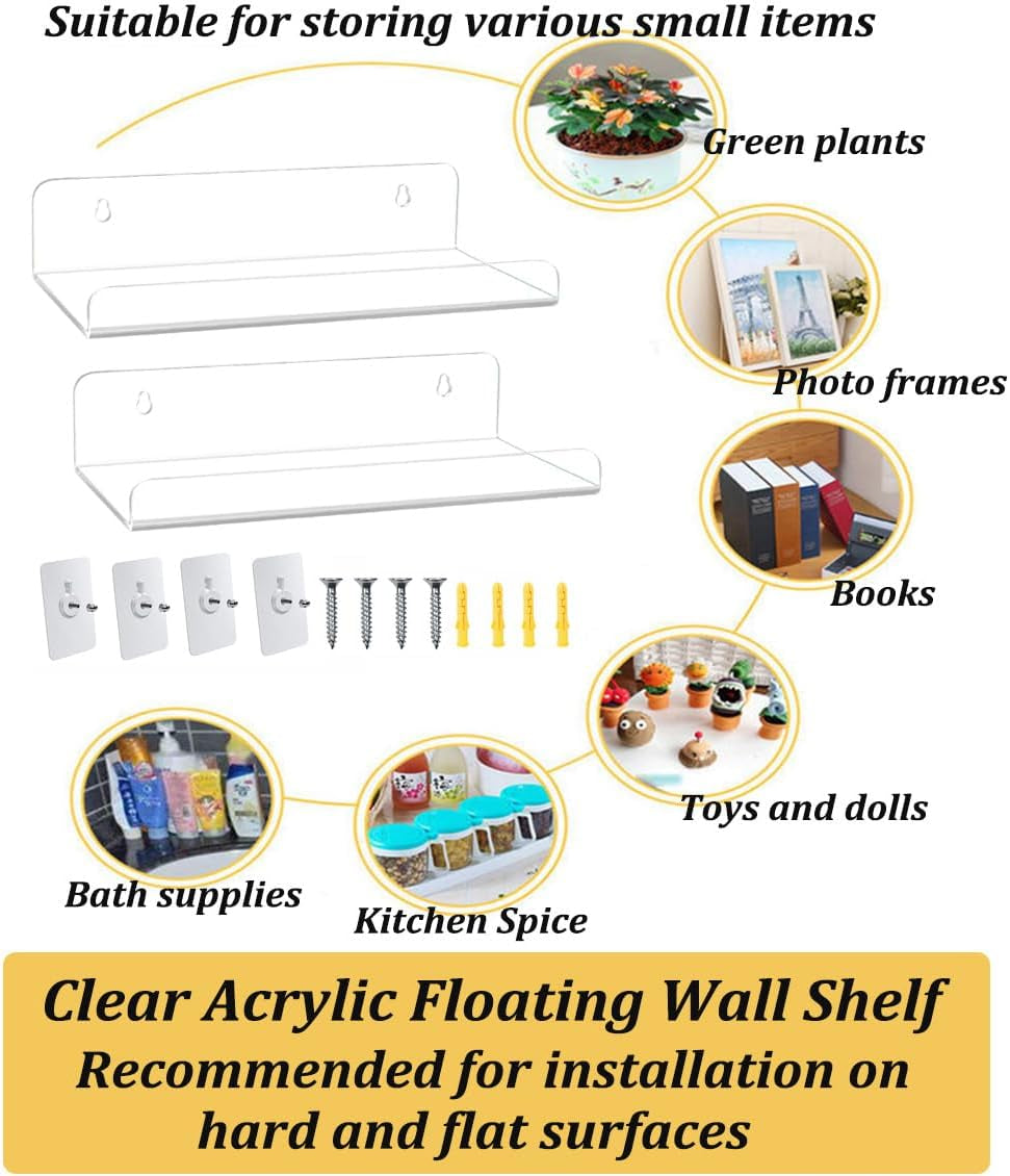 8 Inch Clear Acrylic Shelves for Wall No Drilling, 2 Pack Small Floating Shelf with Ledge No Damage Mounted, Easily Expand Wall Space for Bedroom, Living Room, Bathroom